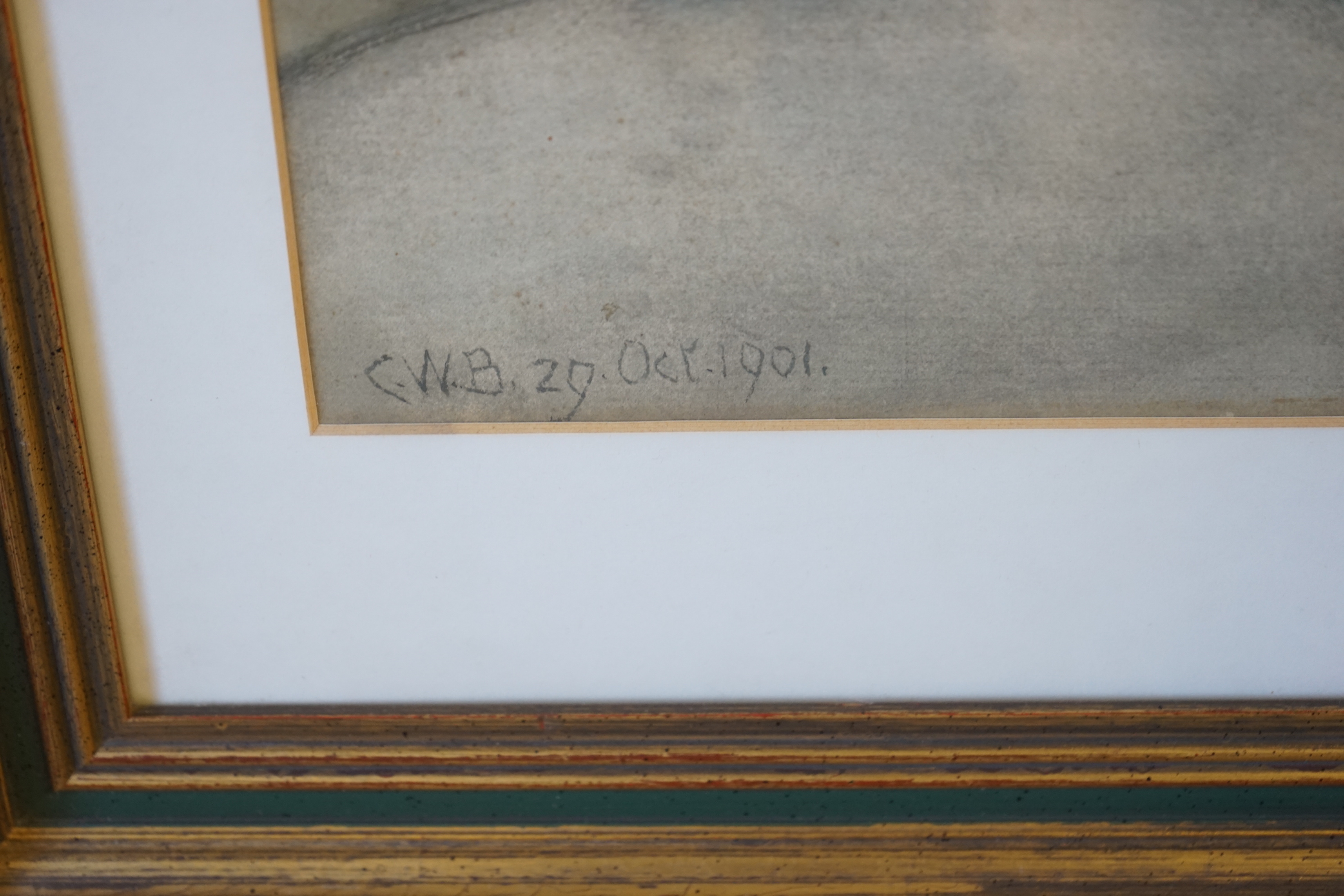 C.W.B, pencil and watercolour, Flemish lace maker, initialled and dated 29 Oct 1901, 41.5 x 48cm